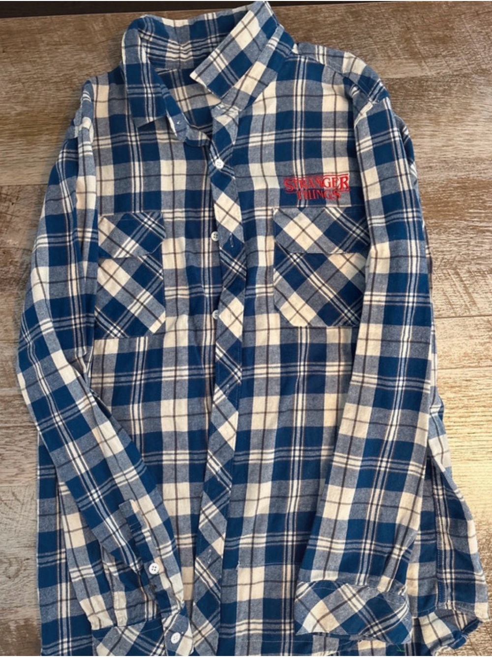 Stranger Things Blue and Cream Plaid Button-Down Shirt